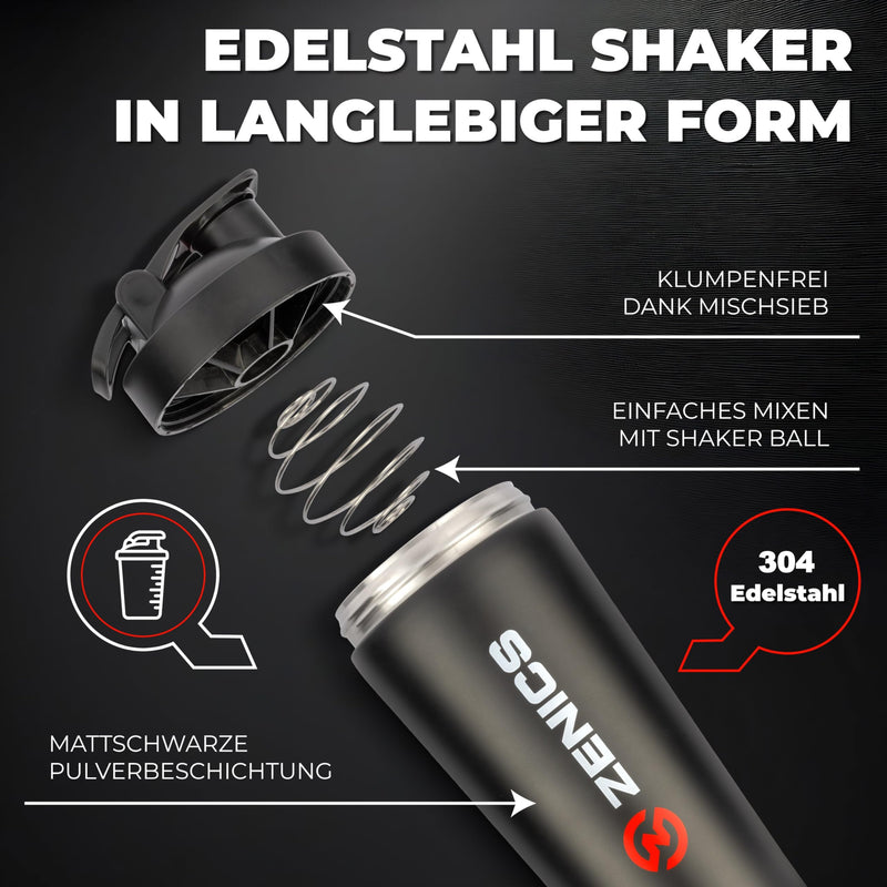 [Australia] - ZENICS ® shaker stainless steel [black, 600 ml] for creamy fitness shakes - durable protein shaker with double-walled stainless steel - protein shaker for gym black 