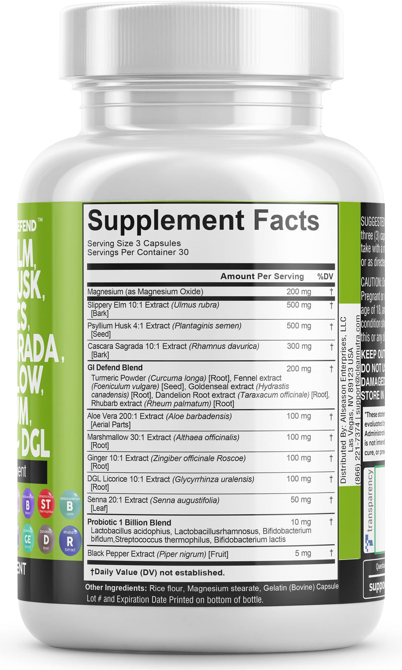 [Australia] - Clean Nutraceuticals Slippery Elm 5000mg Psyllium Husk 2000mg Pre Probiotic Digestive Gut Health Supplement with Aloe Vera Cascara Sagrada 2000mg Marshmallow Root DGL Licorice Senna Extract 