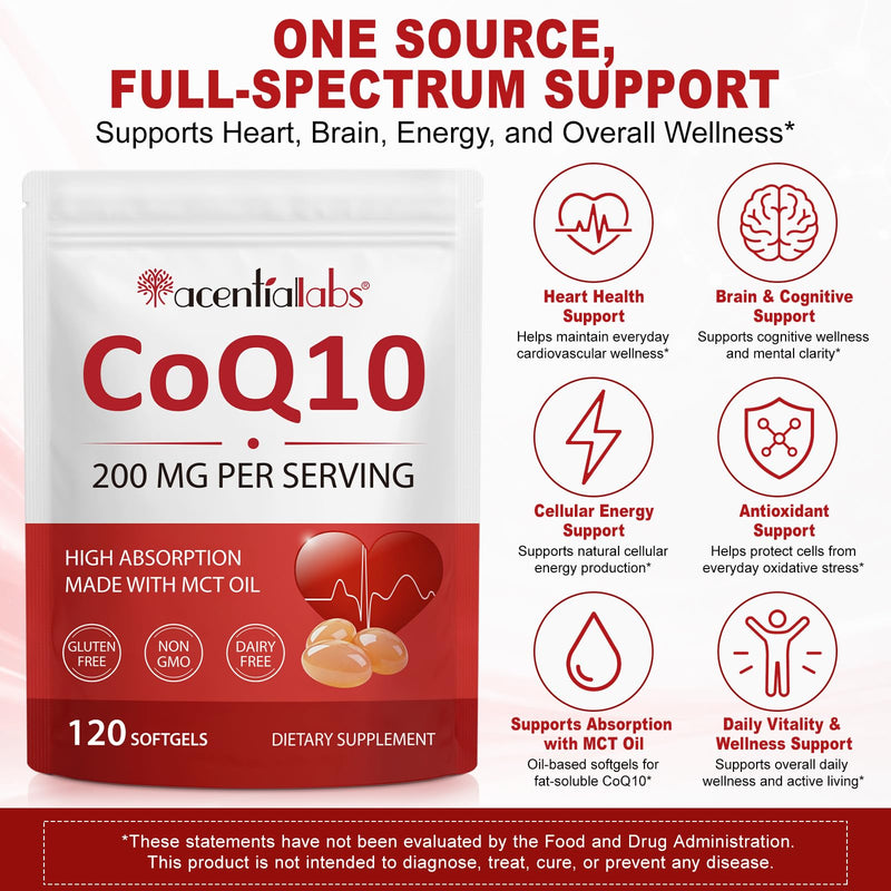 CoQ10 200mg Softgels with MCT Oil – High Absorption Ubiquinone Coenzyme Q10 Supplement – Antioxidant & Cellular Energy Support – Gluten Free Non GMO – 120 Softgels