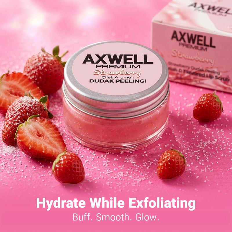 Axwell Premium Lip Scrub – Lip Exfoliator Scrub & Lip Scrubber Exfoliator for Dry Cracked Lips – Strawberry Lip Moisturizer for Very Dry Lips – Vitamin E Almond Oil Lip Balms & Moisturizers 1 fl oz