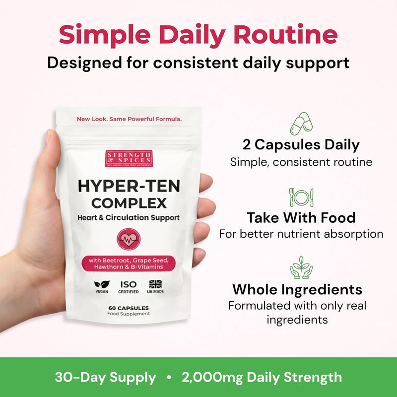 Strength & Spices Blood Pressure Aid Capsules – 17 Natural Ingredients incl. Beetroot, Hawthorn & Grape Seed – with Vitamin B1 & Magnesium – UK Made, Vegan, ISO Certified, 60 Capsules Refill