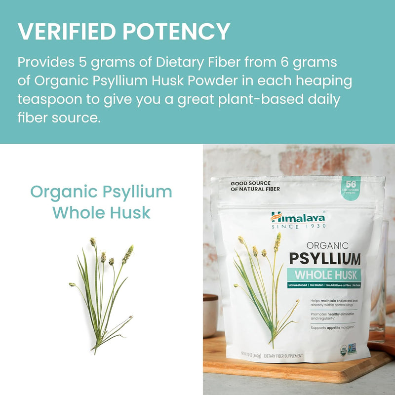 [Australia] - Himalaya Organic Psyllium Whole Husk, Natural Daily Fiber Supplement, Regularity, Appetite Management, USDA Certified Organic, Non-GMO, 56-Tablespoon Supply, Unflavored, 12 Oz 56 Servings (Pack of 1) 