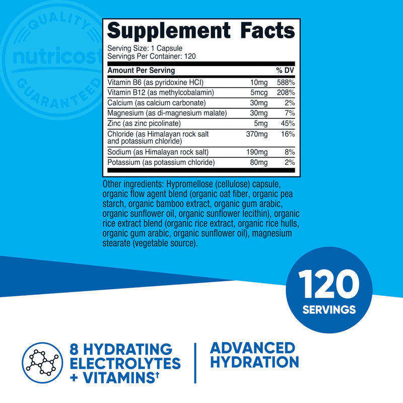 [Australia] - Nutricost Electrolyte Complex Advanced Hydration (120 Capsules) - 8 Hydrating Electrolytes & Vitamins, Gluten Free, Non-GMO, Vegetarian 120 Count (Pack of 1) 