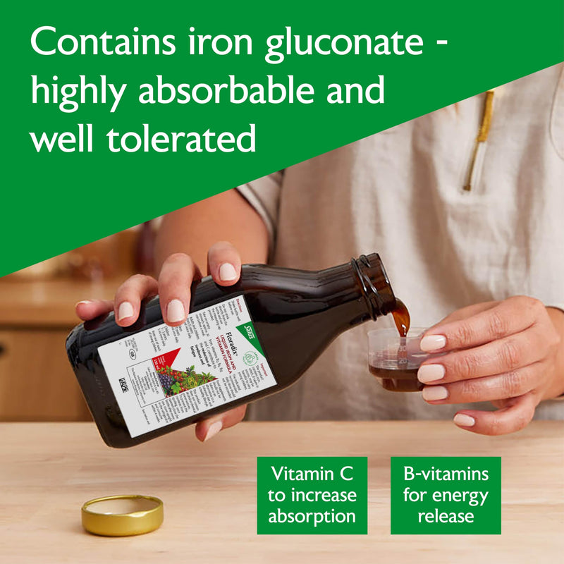 Salus Floradix Liquid Iron 250ml Supplement with Vitamin C & B-Complex. Iron contributes to the Reduction of Tiredness. Vegetarian. No preservatives. Suitable for Women, Men and Children 3+.