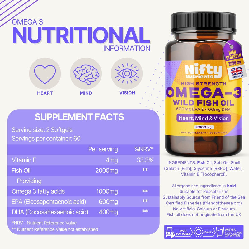 Omega 3 Capsules High Strength Pure Natural Wild Fish Oil Capsules | 2000mg High Strength Softgels | Providing a High Source of EPA & DHA | Made in the UK