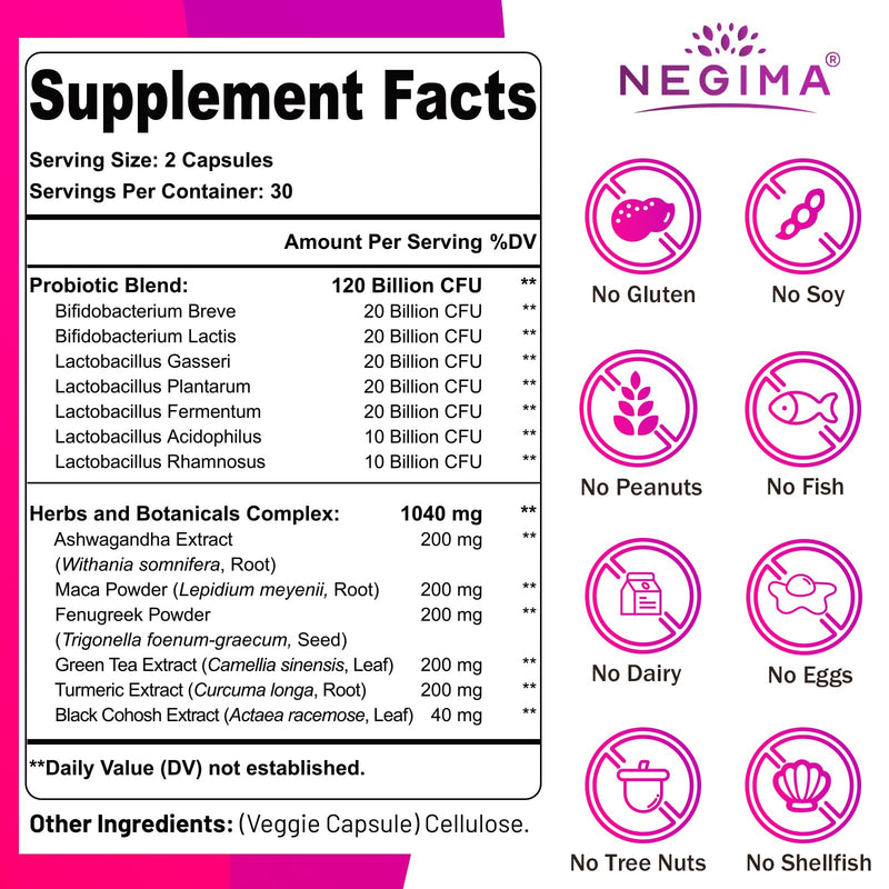 [Australia] - Negima Menopause Supplements for Women, 120 Billion CFUs Probiotics for Women, 13-in-1 Herbs & Botanicals Complex, for Menopause - 60 Caps 60 Count (Pack of 1) 
