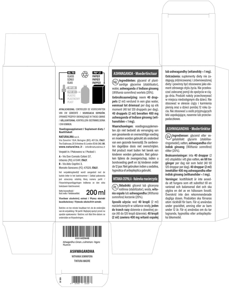 Ashwagandha or Indian Ginseng (Withania somnifera) Roots Alcohol-Free Mother Tincture Naturalma - Liquid Extract Drops 200 ml - Food Supplement - Vegan 200 ml (Pack of 1)
