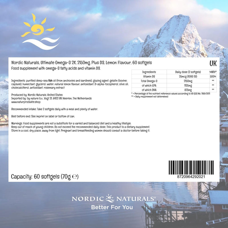 Nordic Naturals Ultimate Omega 3 2X, 2150mg Omega-3 Capsules High Strength Fish Oil Supplements with EPA and DHA and Vitamin D3, 60 Softgels, Lemon Flavour, Soy Free, Gluten Free