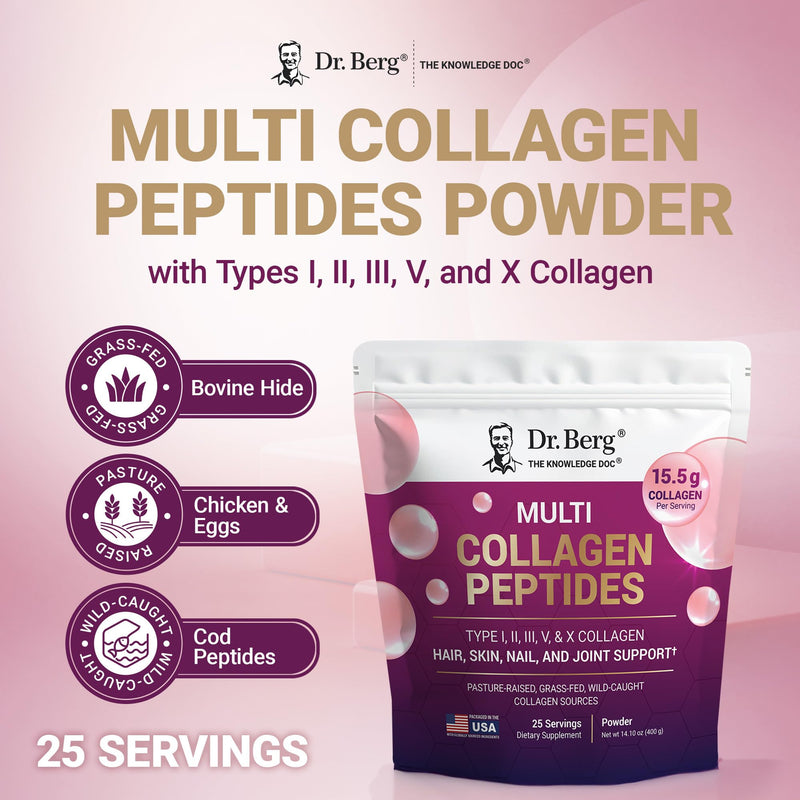 Dr. Berg Multi Collagen Peptides Powder Types I, II, III, V, X - Unflavored Collagen Powder w/ 14 g of Protein - Grass-Fed, Pasture-Raised & Wild-Caught Collagen Sources - 25 Servings 14.1 Ounce (Pack of 1)