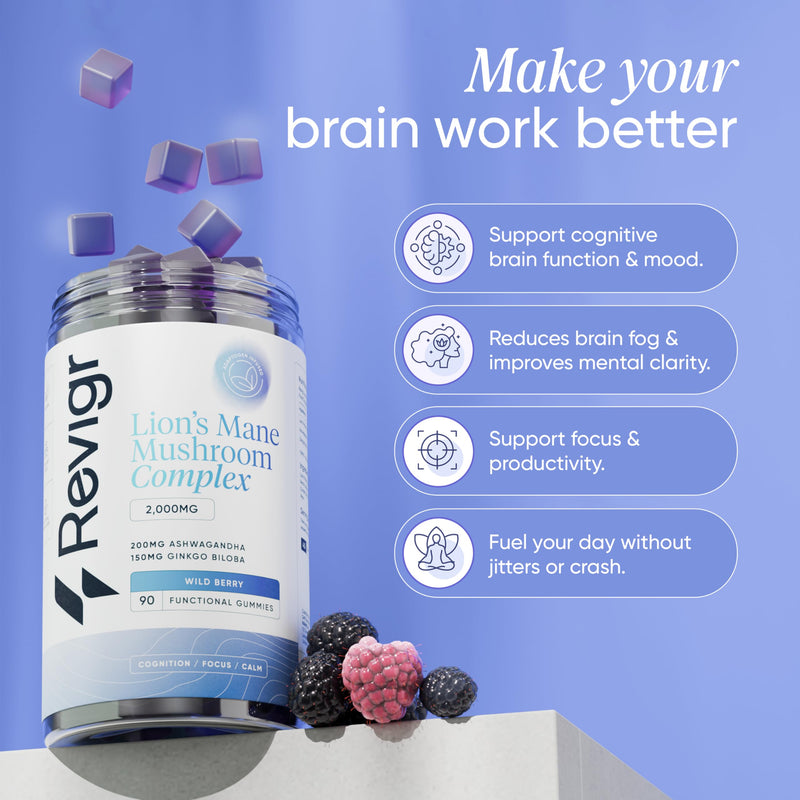 2000mg, 90 Lion's Mane Mushroom Gummies, + 200mg Ashwagandha, + 150mg Ginkgo Biloba, Nootropics for Cognition, Mood, Immunity & Inflammation, Vegan & Sugar-Free, Mixed Berry (45 Days Supply)