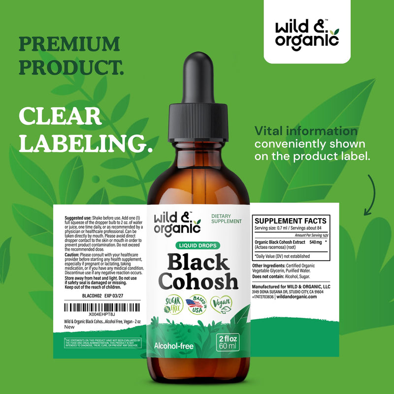 [Australia] - Wild & Organic Black Cohosh Liquid Drops 540 mg - Herbal Supplements for Women - Liquid Black Cohosh Extract Tincture - 2-Month Supply - Vegan, Sugar & Alcohol-Free - 2 fl oz 2 Fl Oz (Pack of 1) 