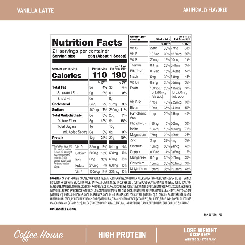 SlimFast High Protein Meal Replacement Powder, Caffeine Protein Powder, Energizing Protein Mix, Vitamin and Mineral Blend, Gluten Free, Coffee Flavored Protein Powder, Vanilla Latte, 21 Servings 19.25 Ounce (Pack of 1)