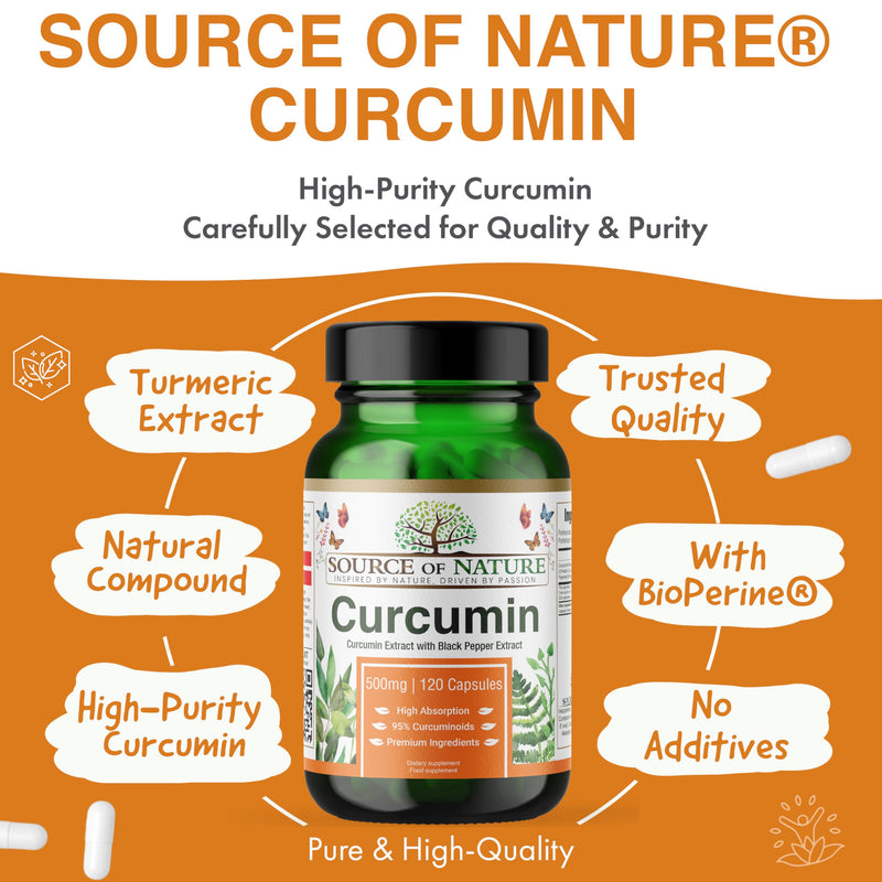 Source of Nature® | 500mg Curcumin Extract | 120 Capsules | +95% Pure Curcuminoids | Produced in EU | with BioPerine® (Black Pepper Extract) | from Turmeric | High dose 120 count (Pack of 1)