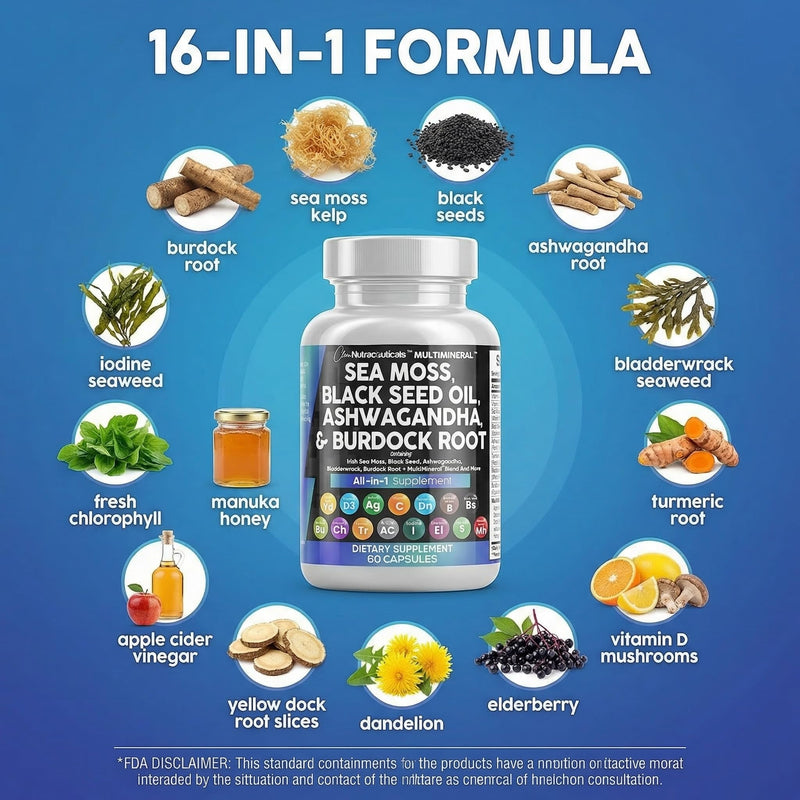 Clean Nutraceuticals Sea Moss Black Seed Oil Ashwagandha Turmeric Bladderwrack Burdock & Vitamin C Vitamin D3 with Elderberry Manuka Dandelion Yellow Dock Iodine Chlorophyll ACV 60 Count (Pack of 1)