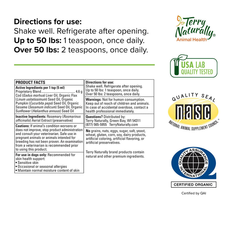 Terry Naturally Animal Health Omega Skincare - 8 fl oz - with Omega-3, -6, -9, Flax, Pumpkin, Sunflower & Sesame Seed Oil - Canine Only - 47 Servings - PawsPlanet Australia