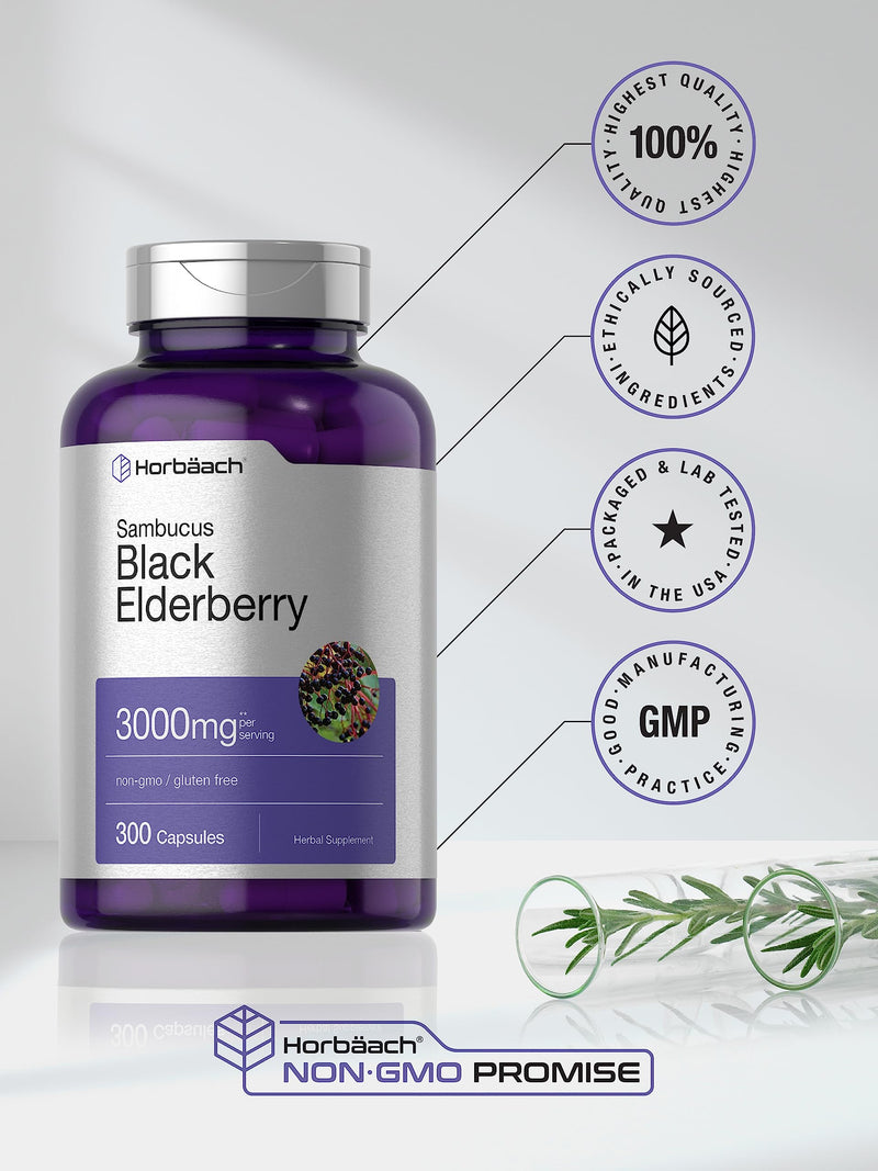 Horbäach Black Elderberry | 3000mg Capsules | 300 Count | Non-GMO, Gluten Free | Sambucus Supplement 300 Count (Pack of 1)