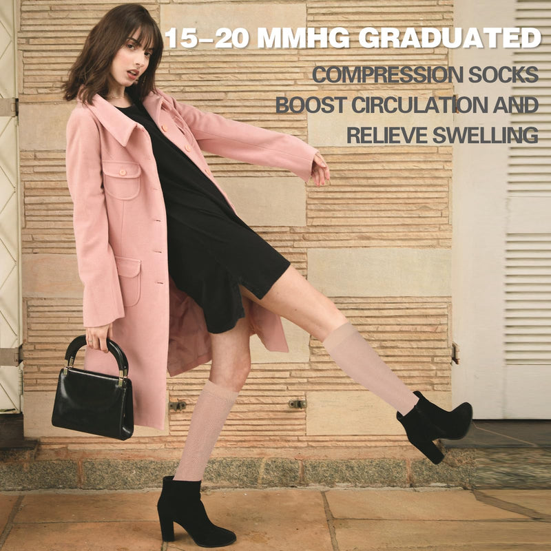 [Australia] - Sheer Compression Stockings for Women, 15-20 mmHg Knee High Circulation Support Stockings, Graduated Medical Compression Socks for Travel, Flight L Beige-Open Toe 