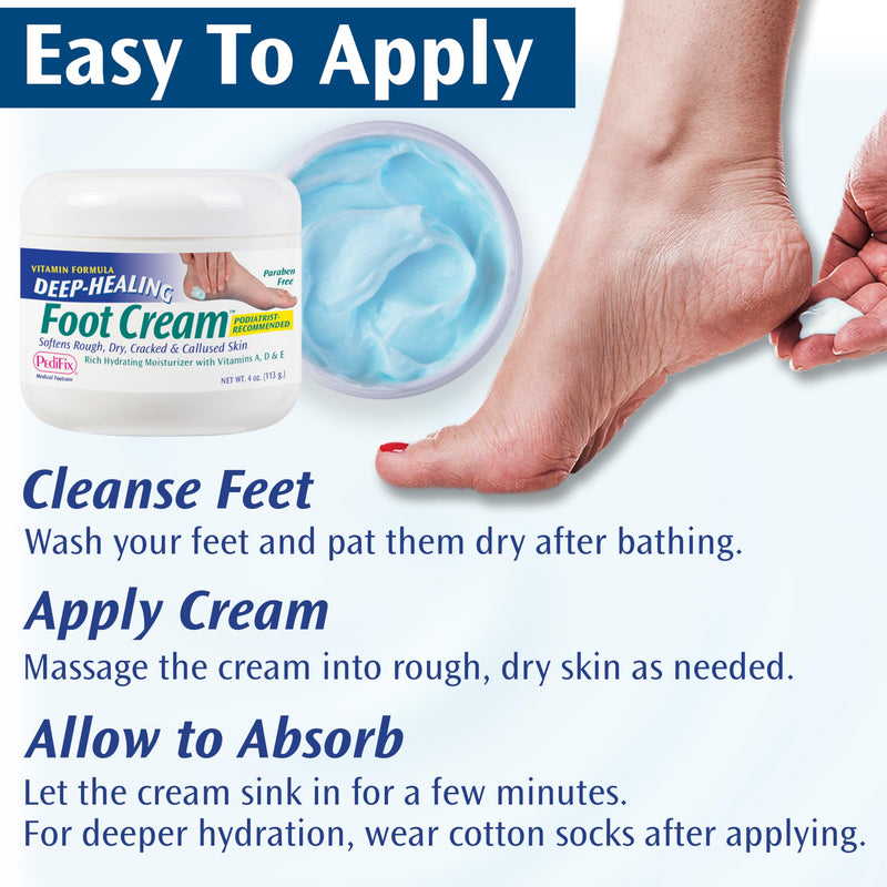 PediFix Deep-Healing Moisturizing Foot Cream, Vitamins A, D & E, 4 oz | Mineral oil and vitamins A, D and E moisturize dry feet and cracked heels. Concentrated cream absorbs without greasy residue. 4 Ounce (Pack of 1)