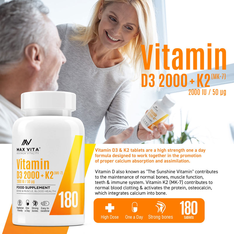 Vitamin D3 2000 IU K2 (MK-7) 100mcg - High Strength Vegetarian 180 Tablets - D3 K2 Cholecalciferol & Menaquinone from Natto - Bones Muscle Teeth Immune System Support - UK Made Non GMO