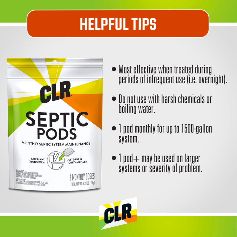 [Australia] - CLR Septic System Treatment Pods, Hassle-Free, Dissolvable and Easy to Flush, Formulated with Biobased Ingredients, Helps prevent Clogs and Build-up, 6 Month Supply 6 Count (Pack of 1) 