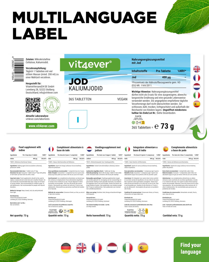 [Australia] - Iodine 400µg - 365 tablets made of potassium iodide - potassium iodide for 1 year supply - without unwanted additives - high dosage - vegan 
