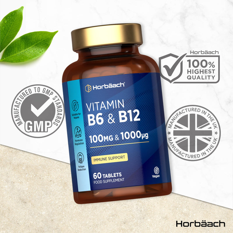 Vitamin B6 and B12 High Strength | 60 Tablets | High Strength Blend with 100mg of Vitamin B6 (Pyridoxine) and 1000ug of Vitamin B12 (Methylcobalamin) | Suitable for Vegans & Vegetarians | By Horbaach