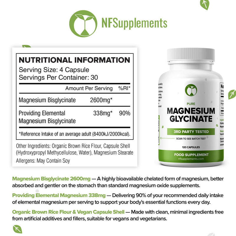 Magnesium Glycinate 2600mg – 120 Vegan Capsules | Sleep & Stress Support | 3rd Party Batch Tested | 338mg Elemental Magnesium | GMP Certified | Made in UK | Magnesium Bisglycinate (120) 120 count (Pack of 1)