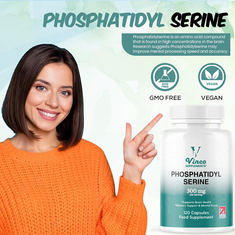 Vinco Phosphatidylserine Supplement - 120 High Strength Phosphatidylserine Capsules - 300mg Per Serving - Non GMO & Gluten Free (White) White