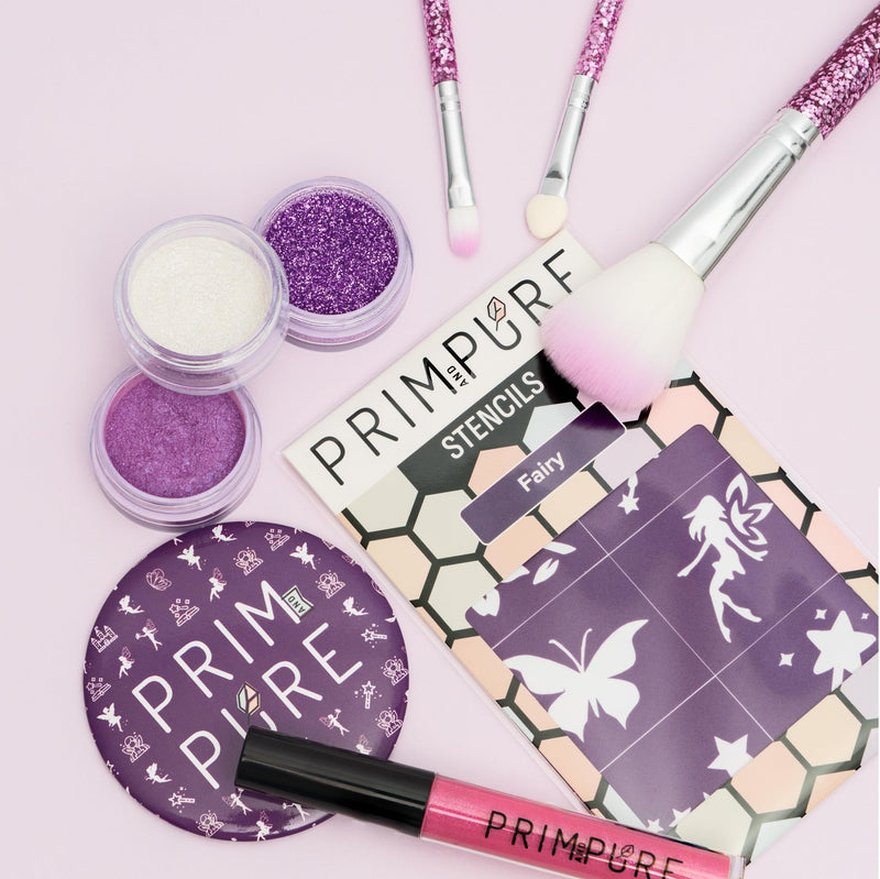 [Australia] - Prim and Pure Kids Makeup Gift Set - Stencil, Makeup Eyeshadow Bioglitter Lip Gloss and Cosmetic Bag Mirror Makeup Brush Accessories (Fairy Purple) Fairy Purple 