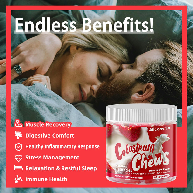 [Australia] - Bovine Colostrum Chews Supplement with probiotics for Gut Health, Bloating, Immune Support, Skin, Hair Growth and Beauty - Strawberry Flavor (60 Servings) 60 Count (Pack of 1) 