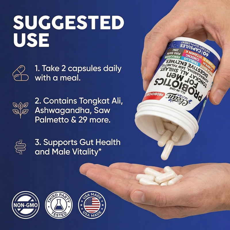 Clean Nutra Probiotics for Men | Tongkat Ali, Saw Palmetto, Tribulus, Ginseng, Ashwagandha, Maca, Pumpkin, Gingko Biloba, Pine Bark, Fenugreek, Shilajit, Zinc - Mens Probiotic 60 Capsules 1