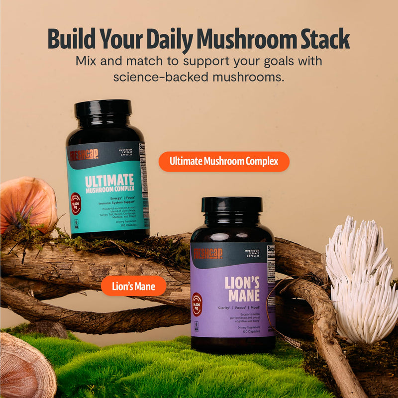 FreshCap Mushrooms Premium Organic Ultimate Mushroom Supplement - 12:1 Fruiting Body Extract with 29% Beta-Glucans - 3rd-Party Tested Nootropic for Energy, Focus & Immune Support (120 Capsules) 120 Count
