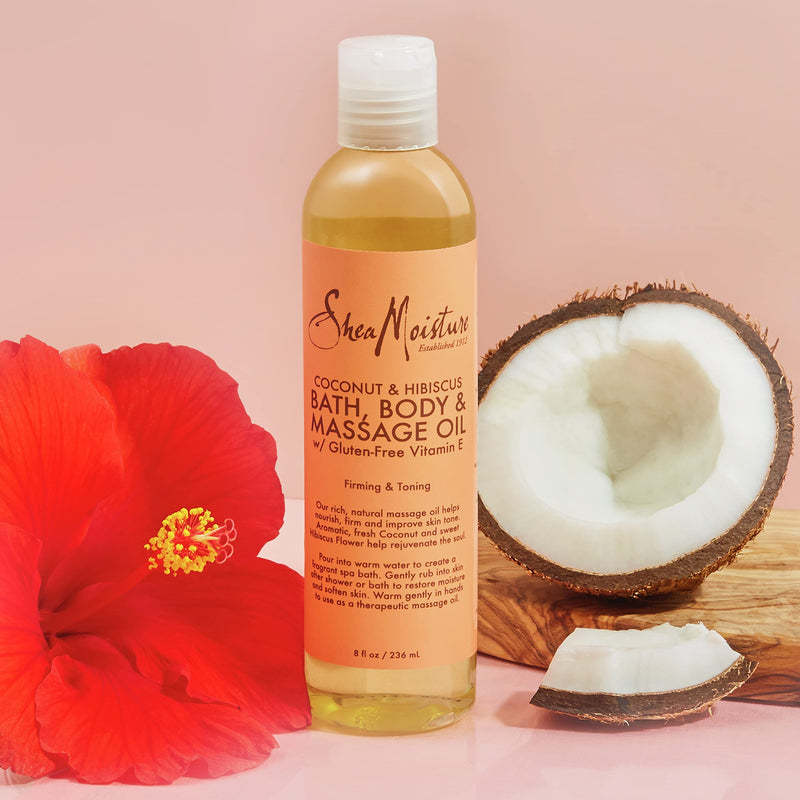 Shea Moisture Coconut & Hibiscus Massage Oil and Body Oil for Dry Skin, Bath Oil with Coconut Oil and Vitamin E Oil for Skin, 8 oz | For Dull Skin. Creates glowing skin.