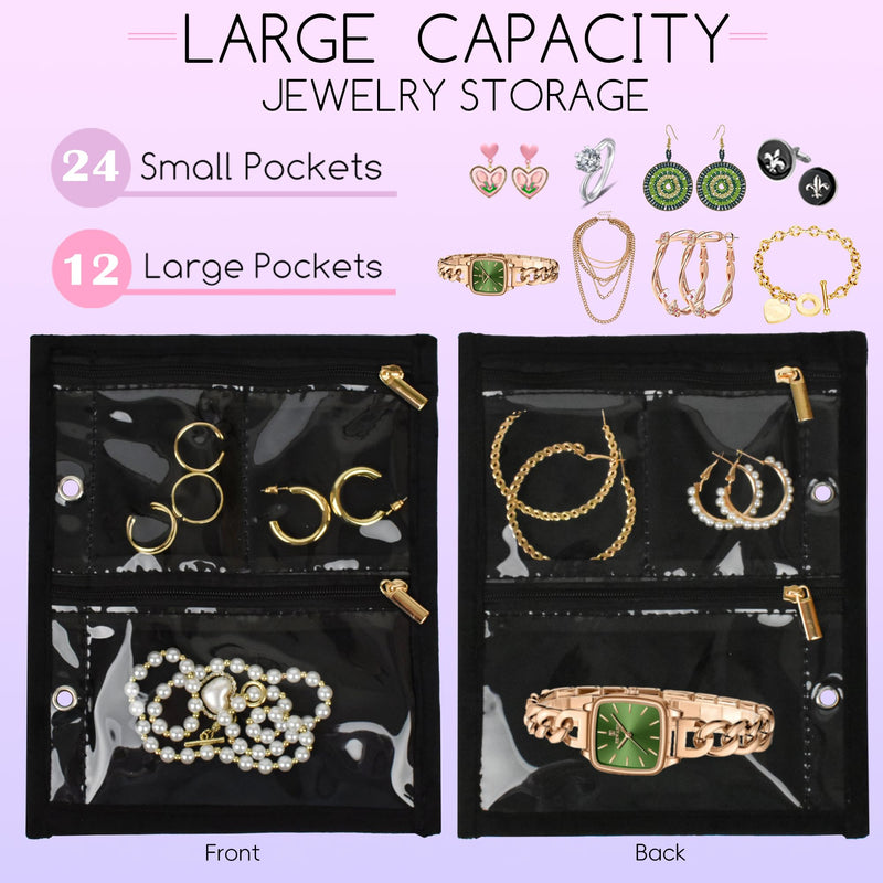 Travel Jewelry Organizer Case with Clear Zipper Velvet Pouch and Transparent Jewelry Storage Book with Small Clear Zippered Pouch