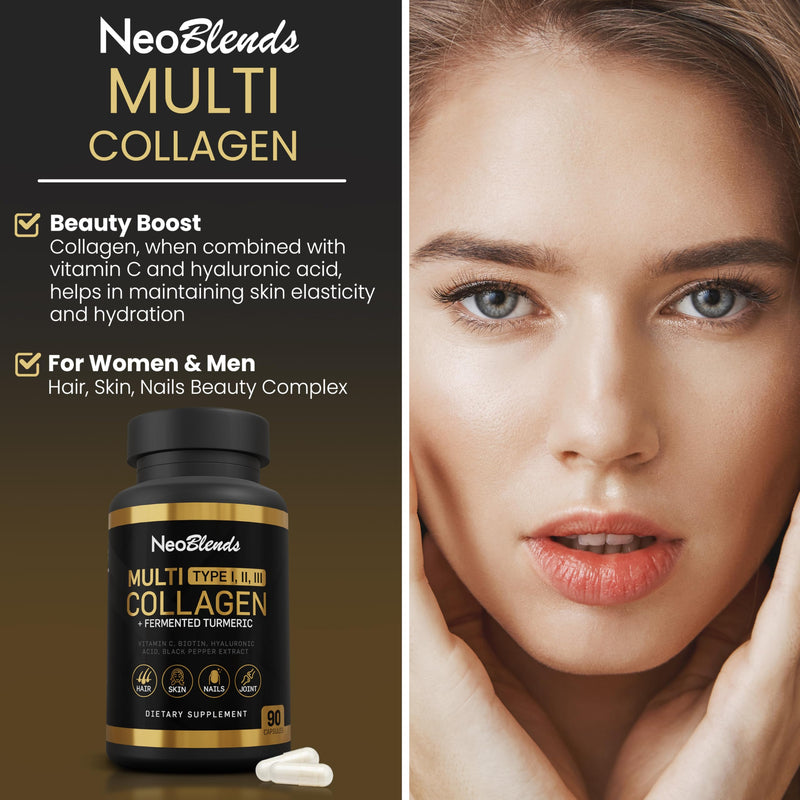 Multi Collagen + Fermented Turmeric – Hydrolyzed Collagen Types I, II & III with Biotin, Hyaluronic Acid & Vitamin C – Skin, Hair, Nail & Joint Support – 90 Capsules