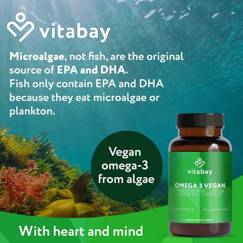 Vitabay Omega-3 Vegan 60 Capsules – 1100 mg Algae Oil with Vitamin E – DHA 600 mg & EPA 300 mg – High Strength – Laboratory Tested in Germany – No Additives – Natural Quality 60 count (Pack of 1)