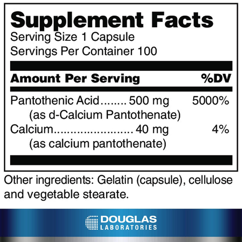 Douglas Laboratories Pantothenic Acid 500 mg, 100 Capsules | Vitamin B5 to Support Cellular Energy Production and Metabolism*, Vitamins/Minerals/Amino Acids Standard Packaging