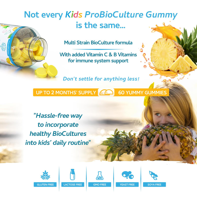 Kids Probiotics/ProBiocultures Gummies - 60 Children's probiotics Multi-Strain Gummies - Natural Pineapple Flavour – with Added B & C Vitamins for Immune Support - 2 Month Supply – UK Made 60 Gummies