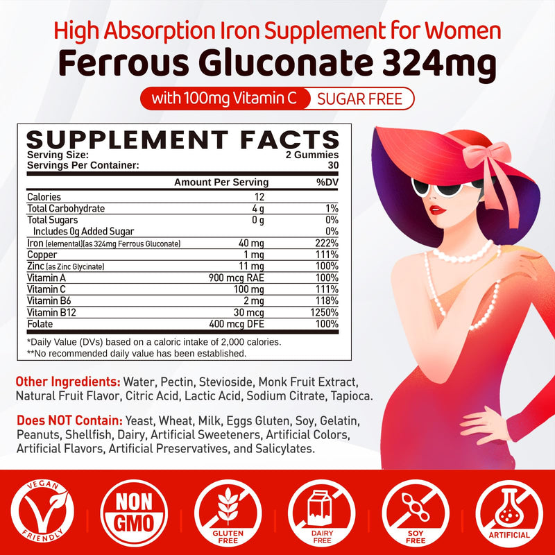 Iron Supplement for Women Teen Girls, Iron Gummies Ferrous Gluconate 324 mg | Iron with Vitamin C, A, B, Folate, Copper, Zinc, Energy & Blood Support, Immune Health, Sugar Free 120 Gummies 2