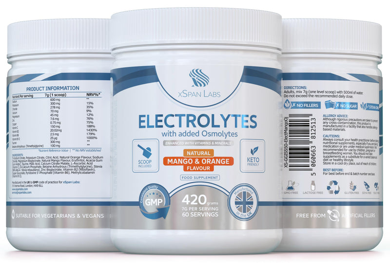 Electrolyte Powder — Natural Mango & Orange, 60 Servings — Electrolytes & Osmolytes with Magnesium, Potassium, Sodium — Keto, Vegan, Sugar-Free Hydration Drink Mix — UK Made, GMP Certified