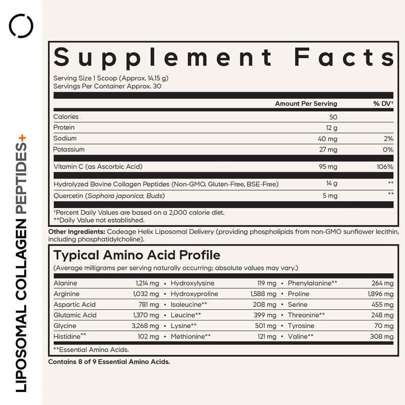 Codeage Liposomal Collagen Peptides Powder, Vitamin C, Quercetin, 15 oz | Liposomal bovine collagen peptides (types I and III) with vitamin C and quercetin. Unflavored powder. Non-GMO.