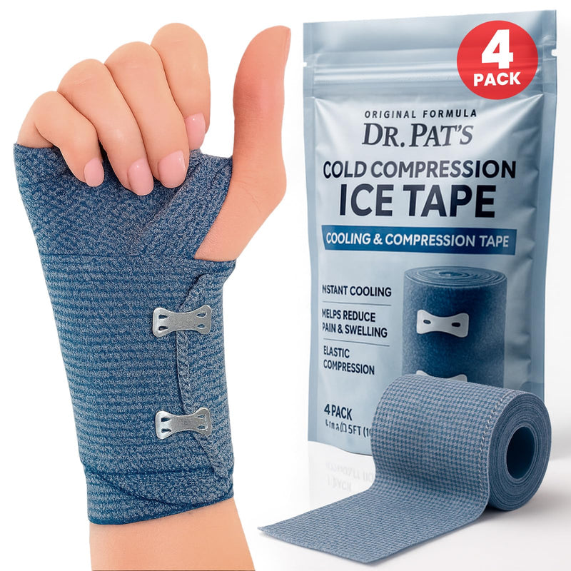 Dr Pat's Ice Tape (4 Pack) - Cooling Bandage Wrap Athletic Tape - Compression Instant Cold Compress Wrap w/Menthol - Elastic, Athletic for Sore Muscles, Pain Relief Now, Swelling, Recovery, Sports 4 Pack