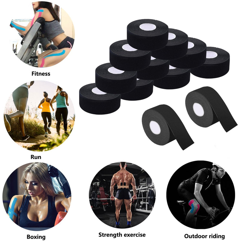 Kinesiology Recovery Therapeutic Tape, Waterproof Muscle Support for Athlete,Sports Injury Tape 1 inch x 16.4 ft / 2.5cm x 5m Black 12 rolls
