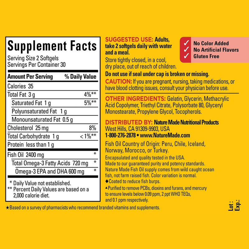 Nature Made Burp Less Fish Oil Omega 3, 1200 mg Softgels, 60 Softgels | EPA DHA Omega 3 Fish Oil Supplements for Healthy Heart Support, 30 Day Supply 60 Count (Pack of 1)