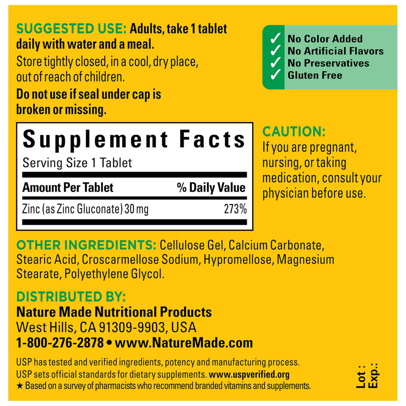 Nature Made Zinc 30 mg for Immune Health Support, 100 Tablets | Zinc Supplements for Men and Women, Dietary Supplement for Antioxidant Support, Gluten Free, 100 Day Supply 100 Count (Pack of 1)