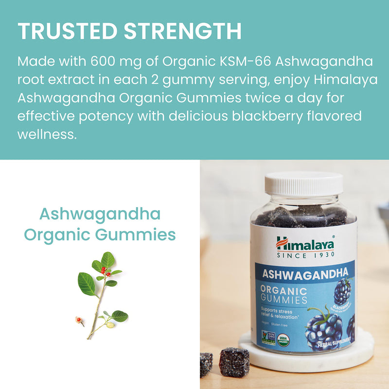 [Australia] - Himalaya Ashwagandha Organic Gummies, KSM-66 Organic Ashwagandha to help with Stress Relief, Energy and Relaxation, 60 Gummies with Delicious Blackberry Flavor 