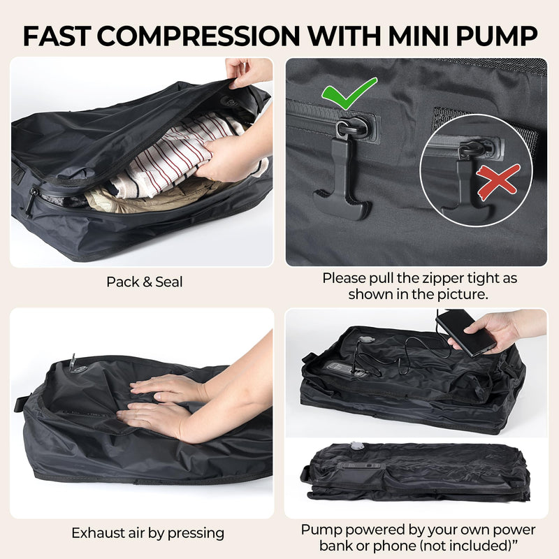 Vacuum Seal Bags for Travel with Bag-Pump Integrated Design, 28L Compression Packing Cubes for Carry-On Suitcase & Travel Backpack, Reusable IP67 Waterproof Vacuum Storage Kit, Gift Set Black 28L