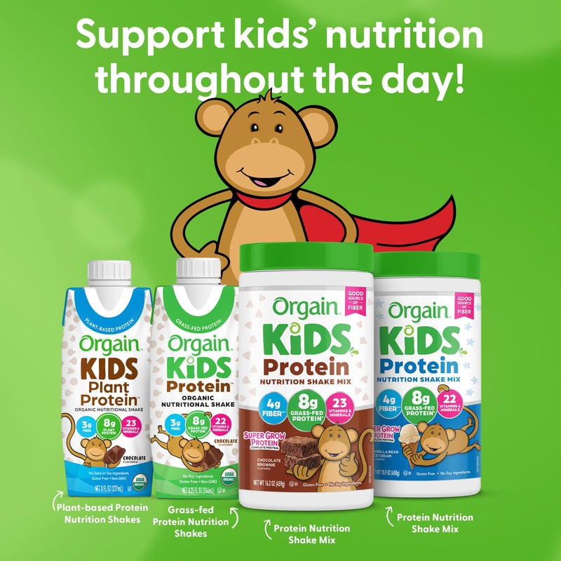 Orgain Kids 8g Grass-Fed Dairy Protein Powder, Chocolate Brownie, 1lb | Powder shake mix, 4g fiber, 23 vitamins & minerals, gluten free, no soy, adds nutritents to snacks, for shakes & smoothies 1.01 Pound (Pack of 1)