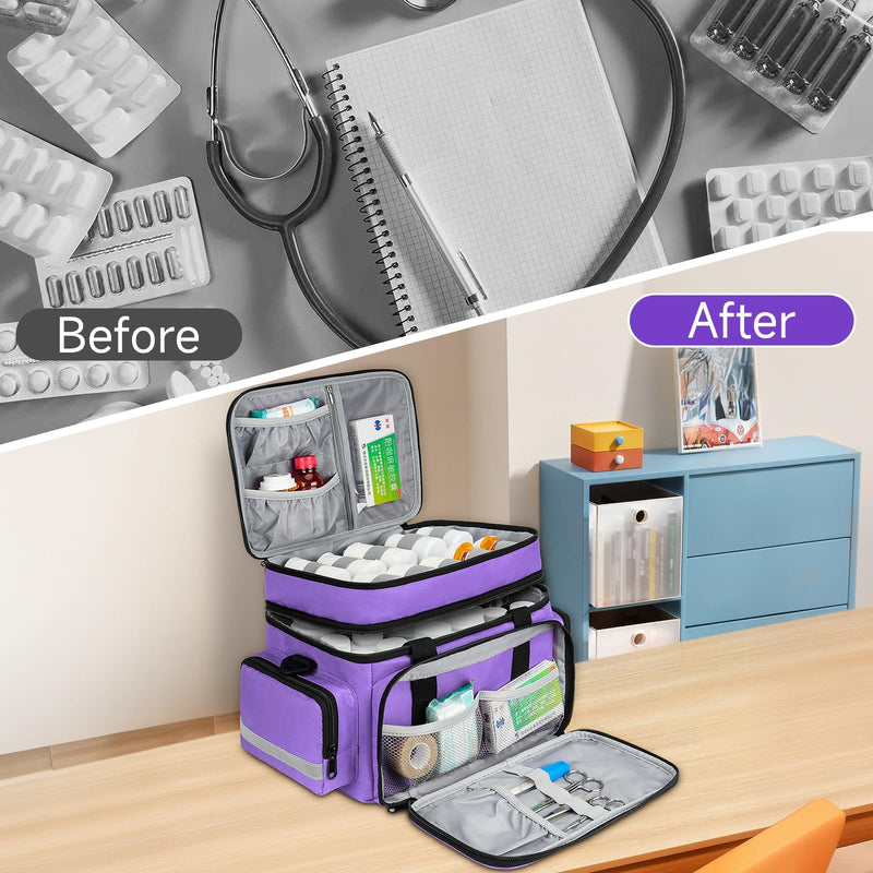 Large Pill Bottle Organizer,Double Layer Medicine Bag with Lockable Zippers | Medication Travel Bag with Shoulder Strap for Prescription Bottles, Vitamins & Medical Supplies, Purple (Bag Only) 2 LAYERS