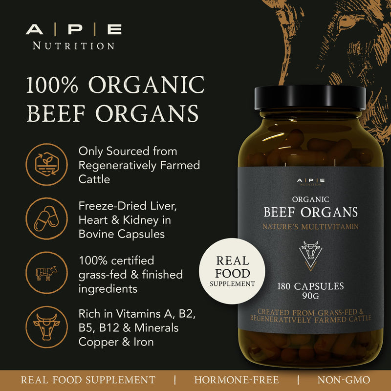 APE Nutrition Organic Beef Organs | 180 Capsules | 100% Grass Fed Liver Kidney Heart Organ Premium Ancestral Supplement | No Antibiotics Hormones or GMOs Regular
